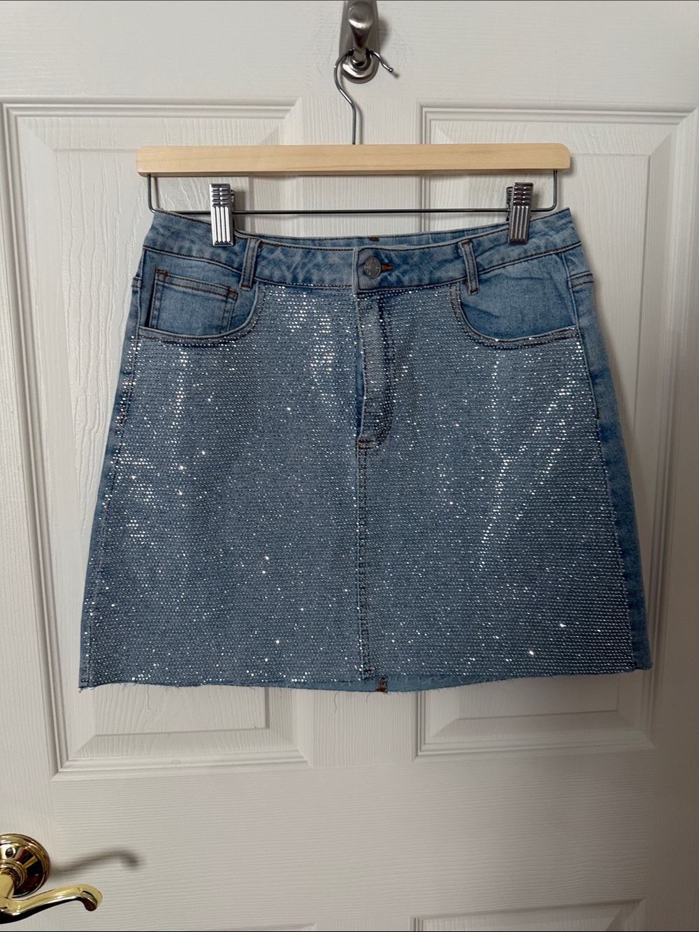 NWT Sparkle Light Blue Denim Skirt blue b rhinestone small